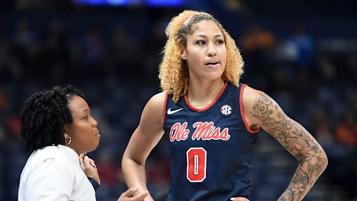Ole miss basketball coach Yolett McPhee-McCuin with Ole Miss center Shakira Austin (0) during the SEC Women's Basketball Tournament game against South Carolina in Nashville, Tenn. on Saturday, March 5, 2022. Sec Ole Miss South Carolina